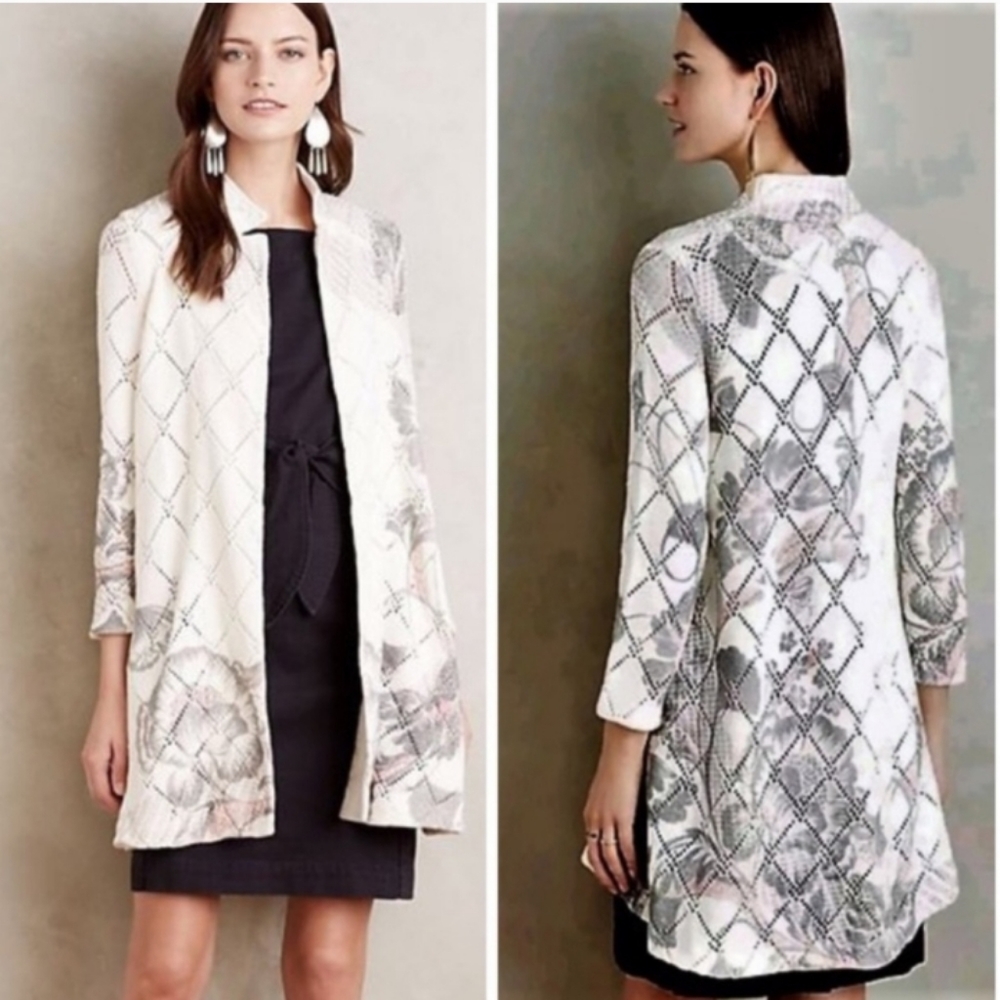 Anthropologie Women's XS Knitted & Knotted Longline Floral Gray/Pink Cardigan
